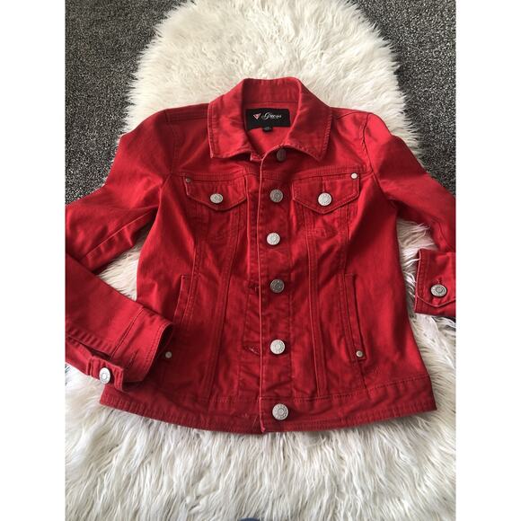 Guess Denim Jacket Womens Small Red Button Up Jean Trucker Biker H1 - Picture 1 of 8